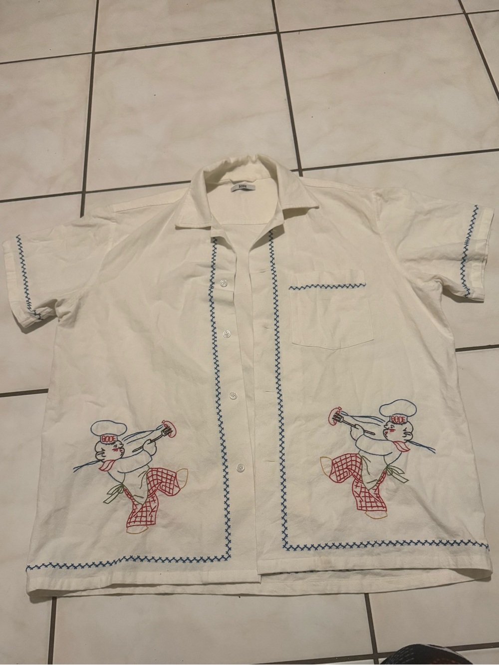 BODE MENS M/L White Cotton Embroidered Chef Motif Short Sleeve Button-Up STAINED